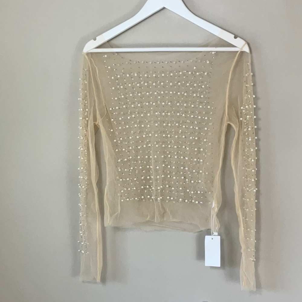 Sheer mesh pearl shiny rhinestone long sleeve blouse - Picture 3 of 16